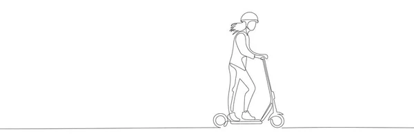Fille Sur Scooter Électrique Une Ligne Scooter Continu Dessin Ligne — Image vectorielle