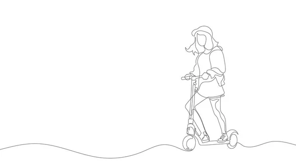 Elektrikli Scooter Kullanan Bir Kız Scooter Çizmeye Devam Vektör Illüstrasyonu — Stok Vektör