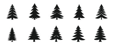 Beyaz arka planda noel ağacı siluetleri. Vektör illüstrasyonu