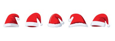 Noel Baba şapkasını beyaz arka planda izole edilmiş bir şekilde ayarla. Vektör illüstrasyonu