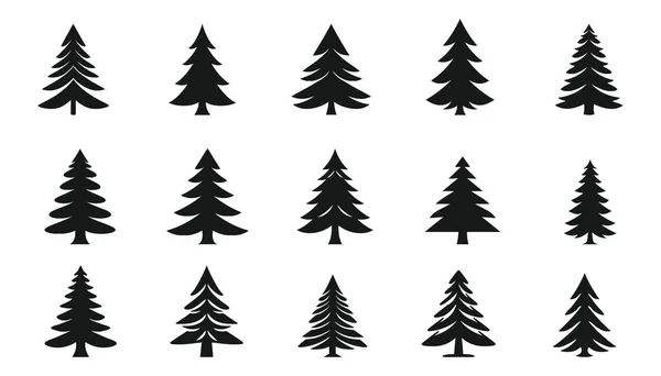白い背景にクリスマスツリーのシルエットのセット ベクトルイラスト — ストックベクタ
