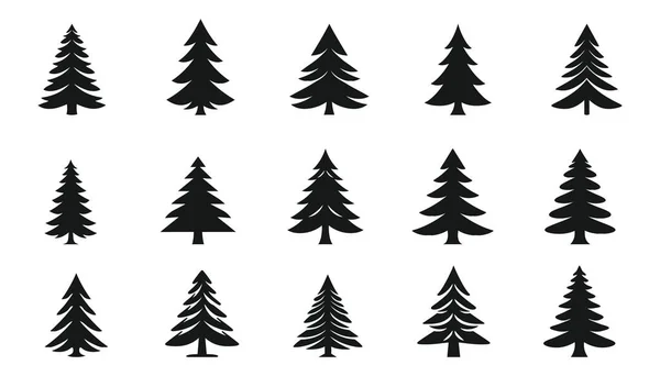 白い背景にクリスマスツリーのシルエットのセット ベクトルイラスト — ストックベクタ