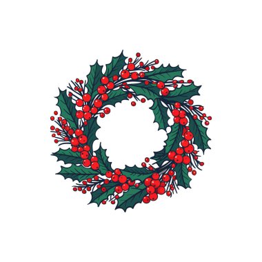 Böğürtlenden yeni yıl çelenkleri. Beyaz arka planda Noel süslemeleri. Vektör illüstrasyonu