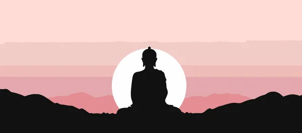 Silhouette Nera Del Buddha Seduto Sulla Montagna Illustrazione Vettoriale — Vettoriale Stock