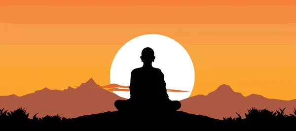 Silhouette Noire Bouddha Assis Sur Montagne Illustration Vectorielle — Image vectorielle