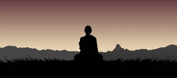 Schwarze Silhouette Des Buddha Der Auf Dem Berg Sitzt Vektorillustration — Stockvektor