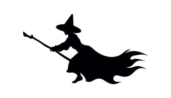 轮廓上的女巫用扫帚魔法飞 背景是白色的 矢量说明 — 图库矢量图片