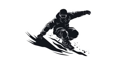 Dağlarda beyaz bir zemin üzerinde snowboard yapan bir snowboardcunun silueti. Vektör illüstrasyonu