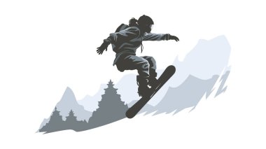 Snowboard, snowboardcu, karlı dağlarda atlayan, arka plan. Düz stil snowboard yapan bir adam. Vektör illüstrasyonu