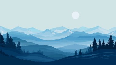 Winter mountain landscape. Coniferous trees against the background of hills, forests, mountains, flat design. Vector illustration clipart