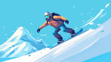 Snowboard, snowboardcu, karlı dağlarda atlayan, arka plan. Düz stil snowboard yapan bir adam. Vektör illüstrasyonu