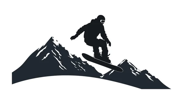 白い背景の山のスノーボード上のスノーボードのシルエット ベクトルイラスト — ストックベクタ