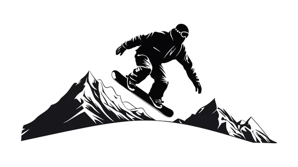 白い背景の山のスノーボード上のスノーボードのシルエット ベクトルイラスト — ストックベクタ