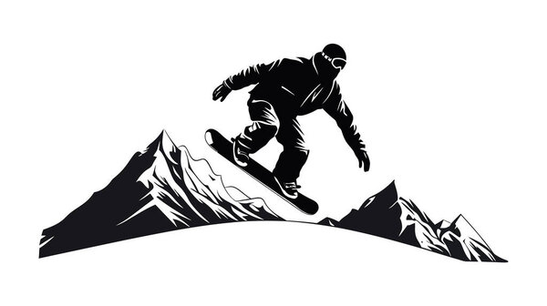 силуэт сноубордиста на сноуборде в горах на белом фоне. Векторная иллюстрация