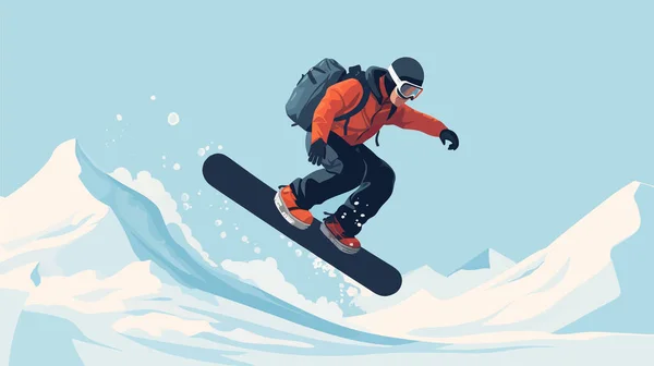 Snowboardozás Snowboard Ugrás Havas Hegyekben Háttér Férfi Snowboard Lapos Stílusban — Stock Vector