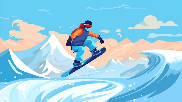 Snowboard Snowboarder Saltando Las Montañas Nevadas Fondo Hombre Con Snowboard — Vector de stock