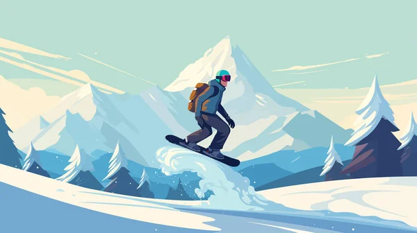 滑雪板 滑雪板跳在雪山 有扁平雪板的人 矢量说明 — 图库矢量图片