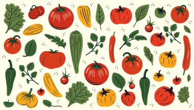 Kiraz domatesleri. Kırmızı domatesli posterler ve düz yapraklar. Vektör illüstrasyonu