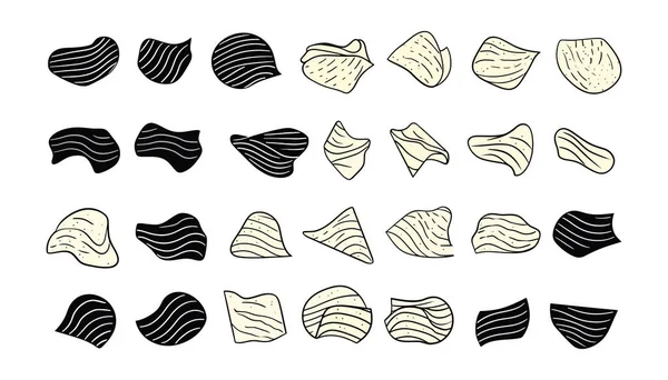 Platta Potatischips Uppsättning Stekta Krispiga Chips Vågiga Potatisskivor Vit Bakgrund — Stock vektor