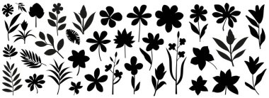 Tropik yapraklar ve çiçekli siluet seti. Orman bitkisi, egzotik çiçekler. Beyaz arka planda izole edilmiş tropikal elementlerle soyut bir set. Vektör illüstrasyonu