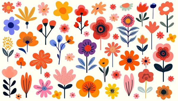 stock vector Abstract Hand drawn abstract wildflowers, set flowers and leaves, flat icons. Vector illustration