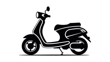 Elektrikli scooter. Motosiklet. Motosiklet şarj. Beyaz arka planda siyah ve beyaz mobiletliler var. Vektör illüstrasyonu