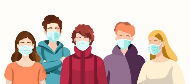 Bir grup insan hastalıkları önlemek için tıbbi maske takıyor. Grip, düz bir stil. Vektör illüstrasyonu