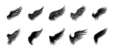 Set of black wings icons. Badges with wings. Collection badges with wings in flat style. Vector illustration clipart