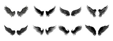 Bir dizi siyah kanat simgesi. Kanatlı rozetler. Düz kanatlı kolleksiyon rozetleri. Vektör illüstrasyonu