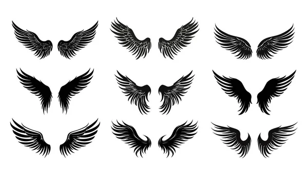Set Van Zwarte Vleugels Pictogrammen Badges Met Vleugels Collectie Badges — Stockvector