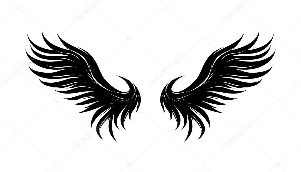 Black wings in flat design,icon on white background. Vector illustration
