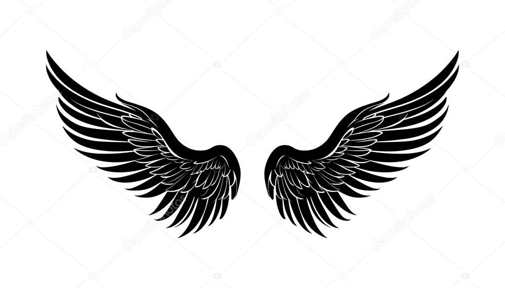Black wings in flat design,icon on white background. Vector illustration