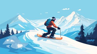 Snowboard, snowboardcu, karlı dağlarda atlayan, arka plan. Düz stil snowboard yapan bir adam. Vektör illüstrasyonu