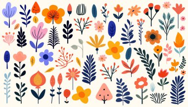 El çizimi soyut kır çiçekleri, çiçek ve yapraklar, düz ikonlar. Vektör illüstrasyonu