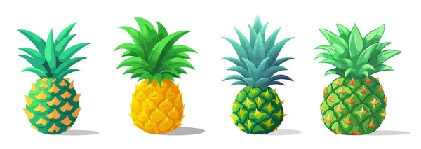 Ustaw Owoce Ananasowe Płaska Ikona Kreskówki Wyizolowana Białym Ilustracja Wektora — Wektor stockowy