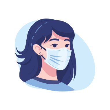 Medikal maskeli bir kızın karikatür portresi. Düz stil, izole edilmiş. Virüs koruması. Vektör illüstrasyonu