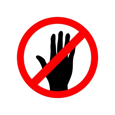 Yasak el işareti, giriş yok, dokunma, basma, yasaklama, ikon izole edildi. Vektör illüstrasyonu