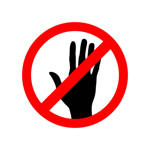 Запрещённый знак руки, вход воспрещён, не трогать, не нажимать, запрещён, иконка изолирована. Векторная иллюстрация