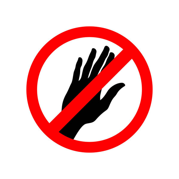 Запрещённый знак руки, вход воспрещён, не трогать, не нажимать, запрещён, иконка изолирована. Векторная иллюстрация
