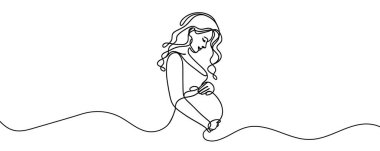 Tek sıra halinde çizilmiş hamile bir kadın. Vektör illüstrasyonu