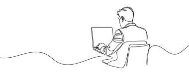 Dostum, bir masada dizüstü bilgisayarda oturan adam tek bir çizgi çizmiş. Vektör illüstrasyonu