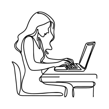 Dizüstü bilgisayarın başında tek sıra halinde oturan genç bir kız. Vektör illüstrasyonu