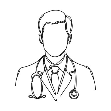 Doktor silueti tek çizgi şeklinde çizilir. Vektör illüstrasyonu