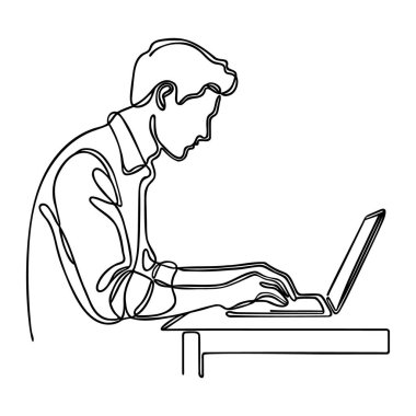 Dostum, bir masada dizüstü bilgisayarda oturan adam tek bir çizgi çizmiş. Vektör illüstrasyonu
