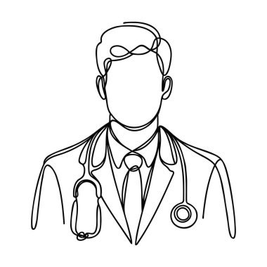 Doktor silueti tek çizgi şeklinde çizilir. Vektör illüstrasyonu