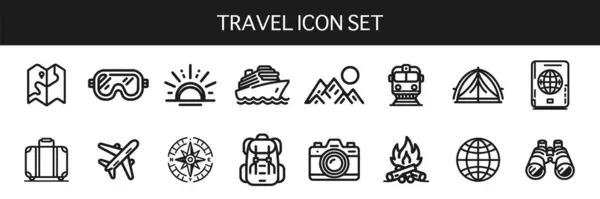 Set Schwarzer Reisebezogener Symbole Einschließlich Transport Unterkunft Und Forschungsausrüstung Auf Stockvektor
