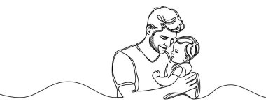 Kollarında bir çocuğu tutan bir adamın durmaksızın çizdiği çizgi. Baba ve çocuk. Vektör illüstrasyonu