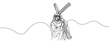 drawing of jesus christ carrying the cross drawn continuous line. Vector illustration.