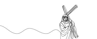 drawing of jesus christ carrying the cross drawn continuous line. Vector illustration.