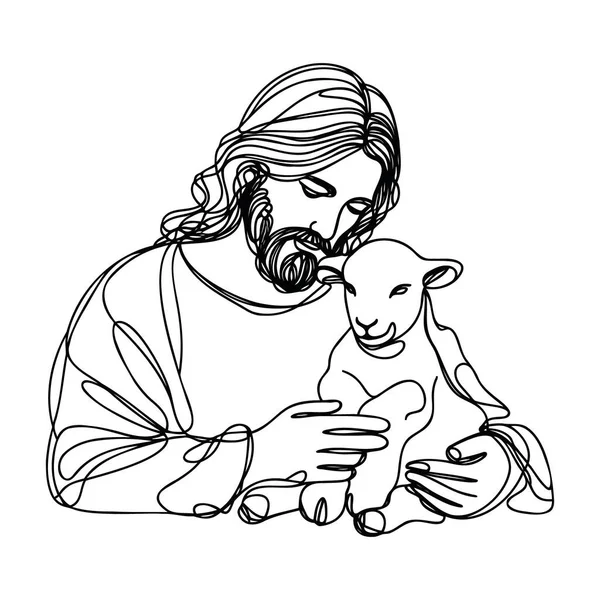 Kontinuierliche Zeichnung Von Jesus Christus Mit Einem Lamm Arm lizenzfreie Stockillustrationen